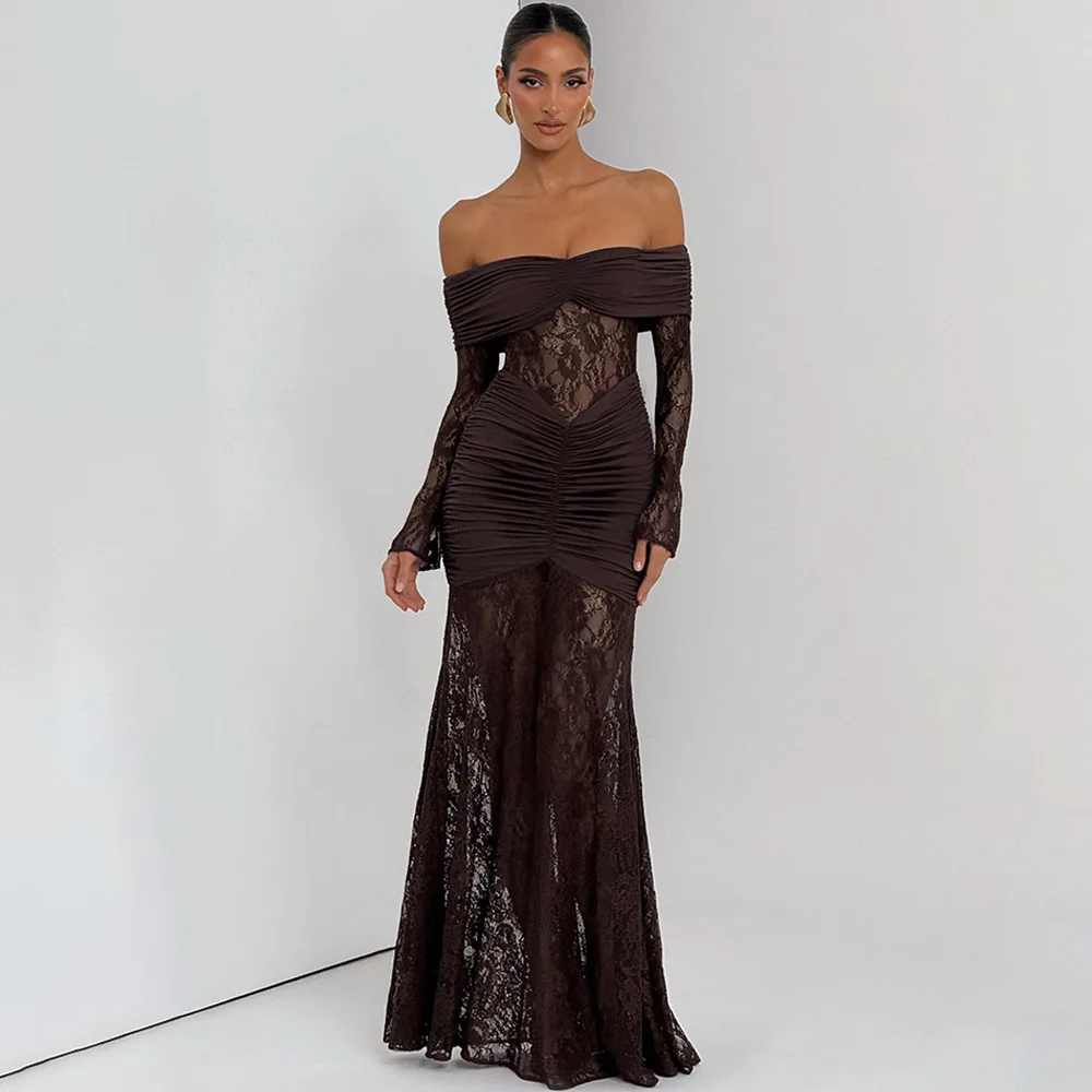 Dresses Off-shoulder Long Sleeve Sexy Maxi Dress Women Fashion Lace See Through Strapless Backless Bodycon Club Party Dresses