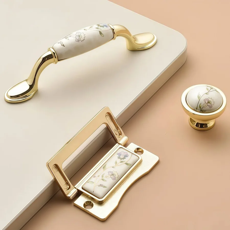 European Retro Ceramic Cabinet Knobs Zinc Alloy Carved Handles Universal French Wardrobe Shoe Cabinet Drawer Hardware