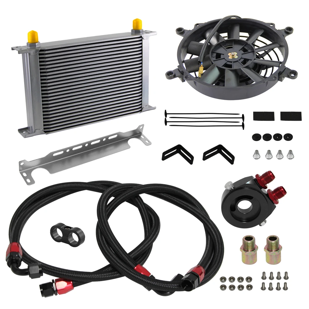 Universal 8AN 25 Row Oil Cooler + Oil Filter Sandwich Adapter + 7inch Electrical Fan