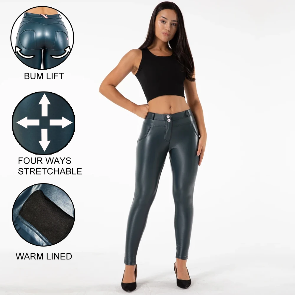 Shascullfites gym and shaping Blue Pleather Pants Navy Faux Leather Pants Winter Fleece Lined Thermal Leggings Bum Lift Pants