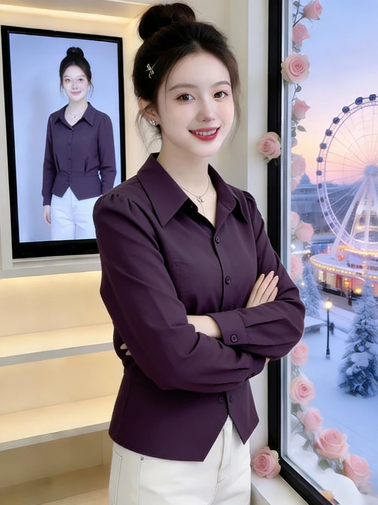 

Faionable Korean Sle Pure Color Long Sve irt Women's Slim Fit Design Spring 2026 Casual Sle Casual Faion