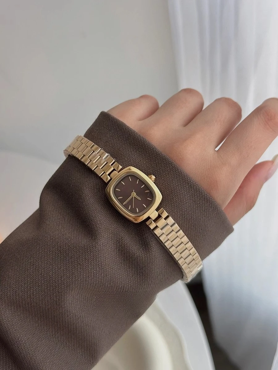 Modern brown small gold watch, retro lady, niche light luxury high-end square steel belt, quartz watch woman