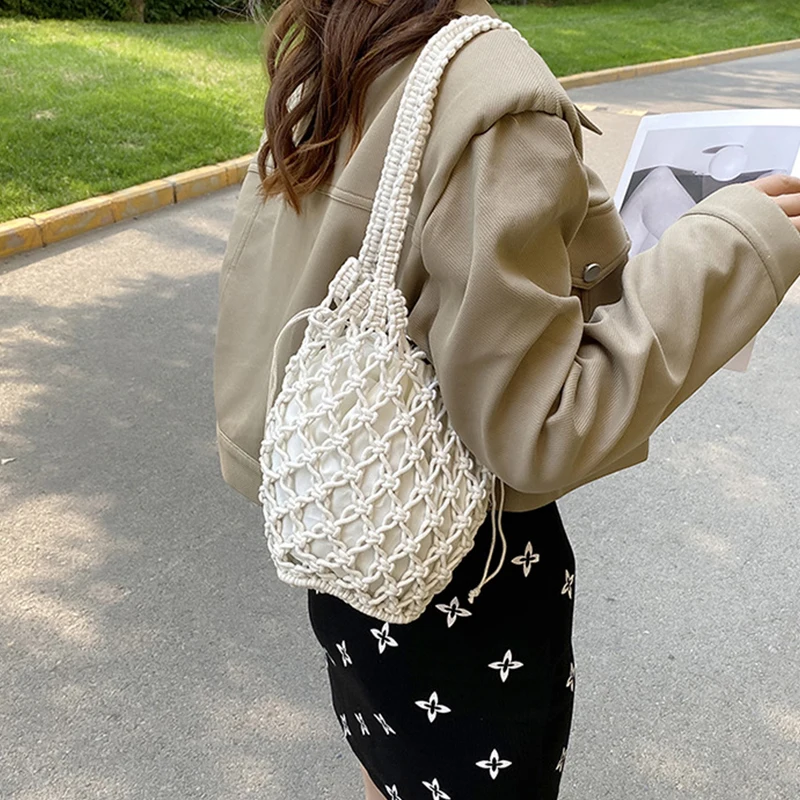 Sommer Strand Tasche Für Frauen Mesh Seil Gestrickte Eimer Schulter Taschen Reticulate Hohl Reise Shopper Totes Damen Mode Handtasche – Detail 12