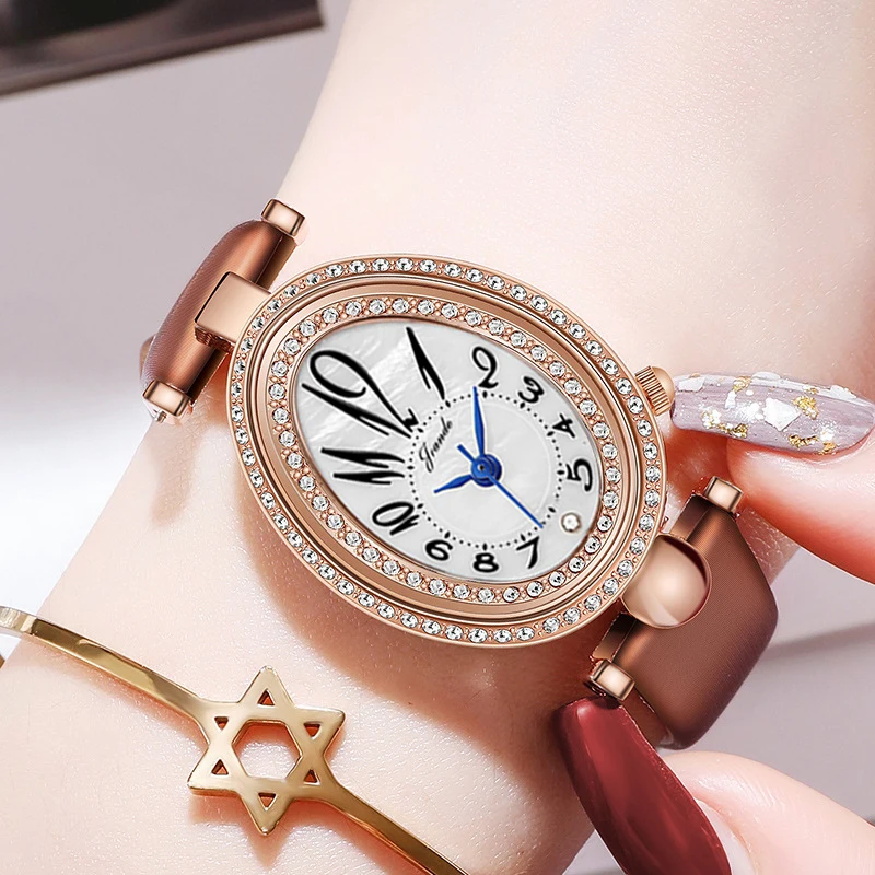 Elegant Women Diamond Watch Leather Red Waterproof Oval Female Hand Watch Steel Small Original Luxury Ladies Wristwatch Golden