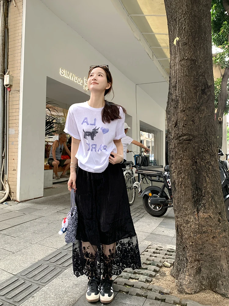 

Retro Lace Splicing Bla Ele f-length A-line Skirt Women's Summer Slimming Midi Skirt High Waist Midi Dr