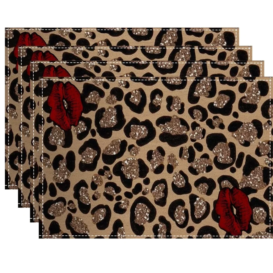 Leopard Lip Pattern Linen Washable Place Mats Table Mat Non Slip Heat Resistant Kitchen Dining Decor Protector For Party Kitchen