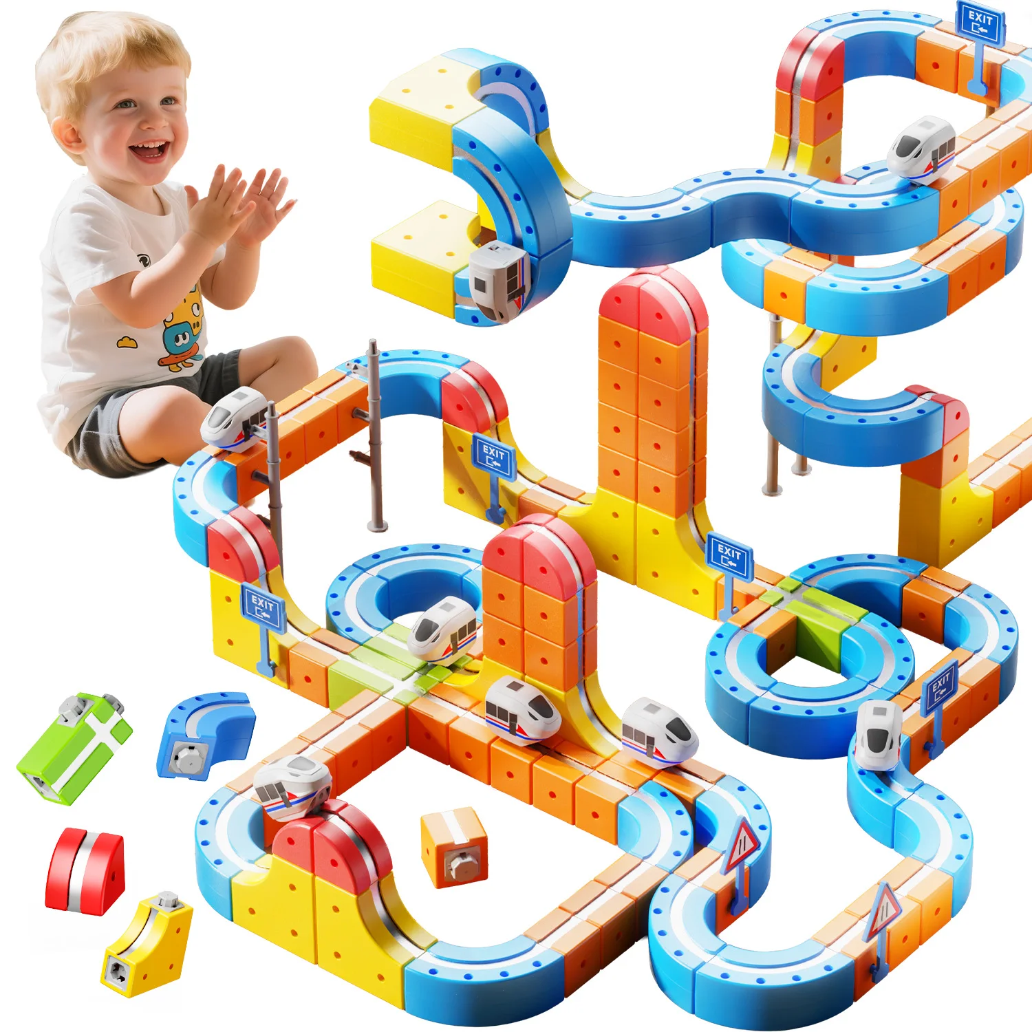 Crianças diy montagem magnética ferroviário carro brinquedos trem mágico elétrico pista crianças 3d bloco de construção cubo modelo brinquedo com sinais de trânsito