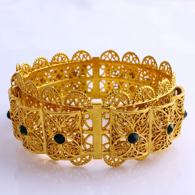 New Big Wide Bangle Gold Color Dubai African Jewelry Bracelet Red / Blue / Green Zircon Arabic Middle Eastern Style for Women