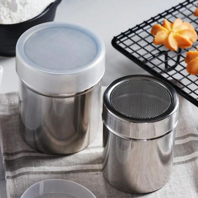 Coctelera de polvo de acero inoxidable con cubierta a prueba de polvo, dispensador multiusos para condimentos de cacao en polvo, pimienta y barbacoa