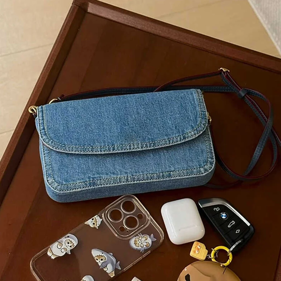 

Summer Women's bag solid color cover purse handbag Denim blue shoulder underarm crossbody bag flap small square bag bolso mujer