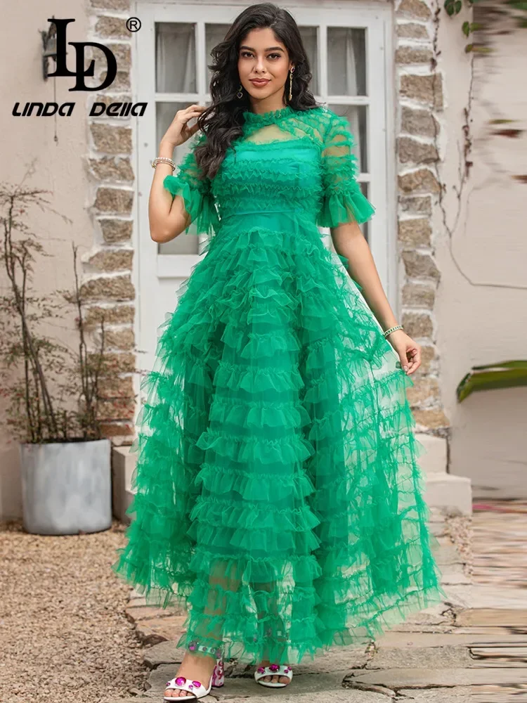 LD LINDA DELLA Designer 2024 Women's Summer Fashion Mesh Holiday Dress Short sleeve high waist Tierred Ruffles Green Long Dress