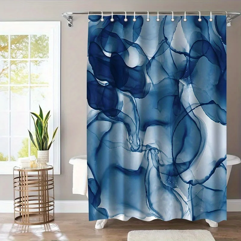1pc with Hook Shower Curtain, Simple Retro Dreamy Blue Streamer Creative Printed Pattern, High-end and Elegant, Machine-washable