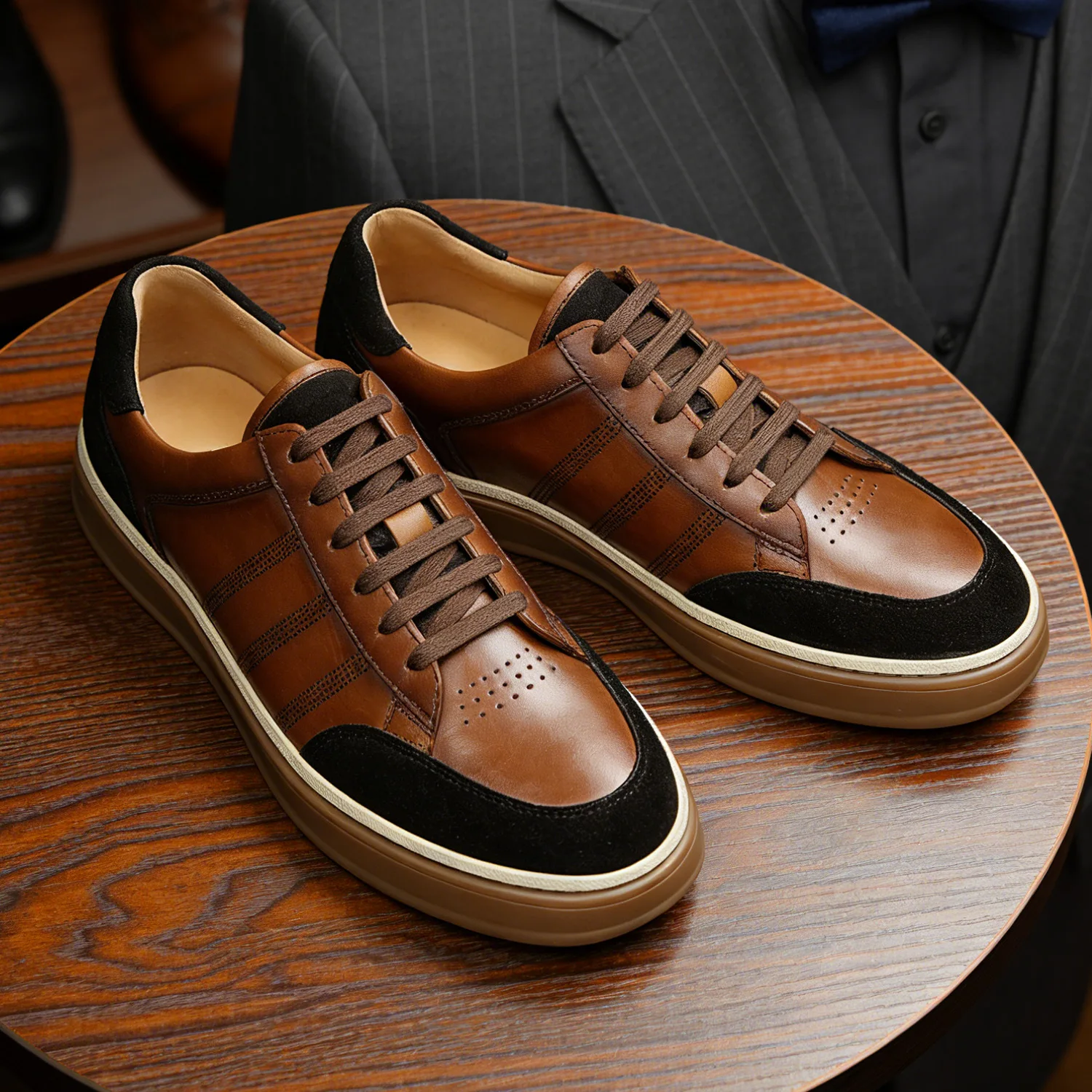YETTIES Men's Flat Sole Genuine Leather German Army Trainers | Color-Block Lace-Up Casual Shoes for College & Campus Daily