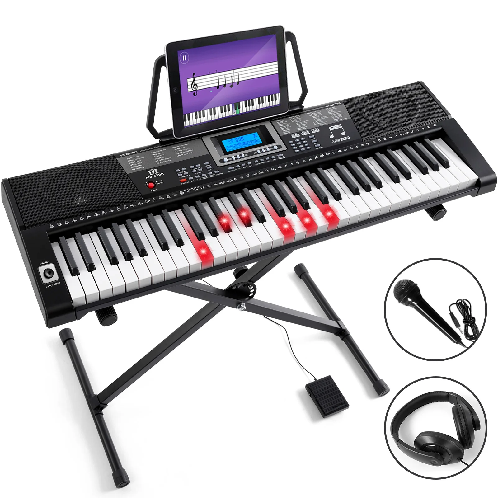 61 Key Learning Keyboard Piano with Lighted Up Keys | MEKS-500 with Stand, Pedal, Headphones/Microphone, USB/Midi,Joystick, Built-in Speakers,Electric Piano Keyboard for Beginners