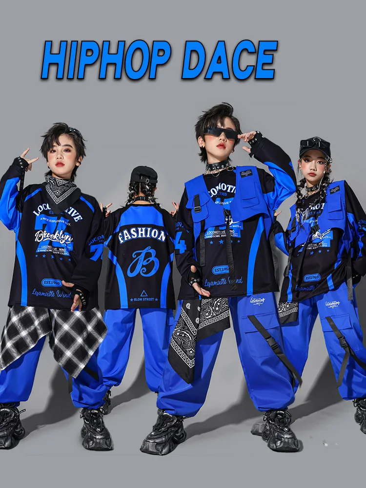 ボーイブルー-ヒップホップセット-ミニベスト-ストリートダンスtシャツ-カーゴパンツ-ガールズグループ-ジャズコスチューム-ボーイズ-ストリートウェア-ウェア