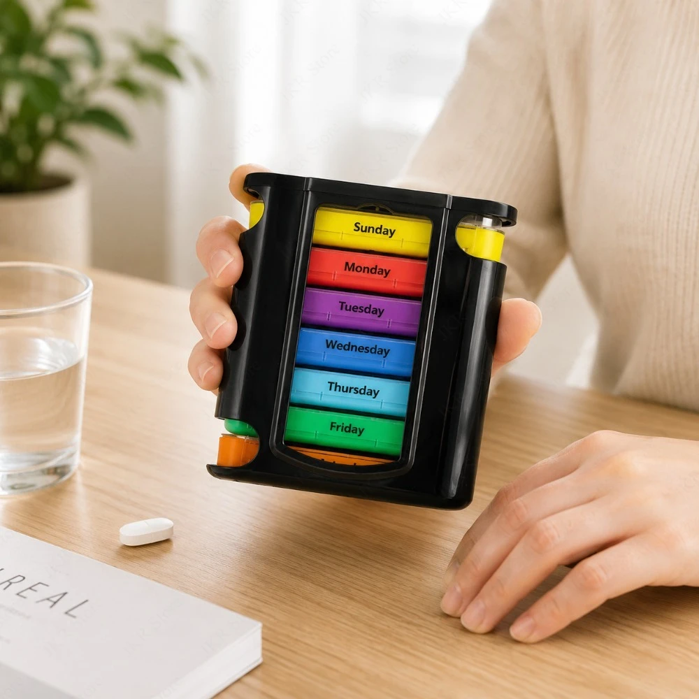 Portable Weekly Medicine Box 7 Day Tablet Holder Storage Organizer Case for Pill Planning Vitamins Supplements Travel Carrying