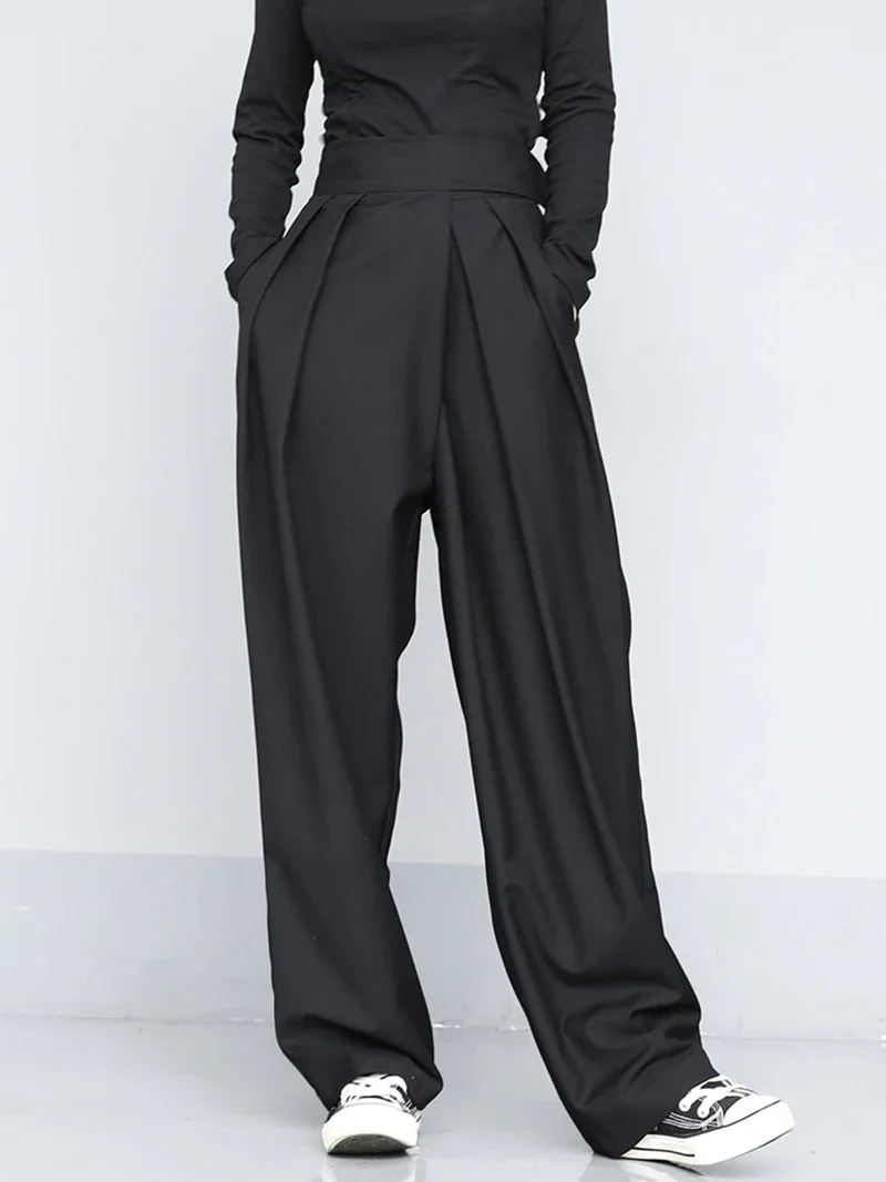 2023 High Waist Black Brief Pleated Long Wide Leg Trousers New Loose Fit Pants Women Fashion Tide Spring Autumn