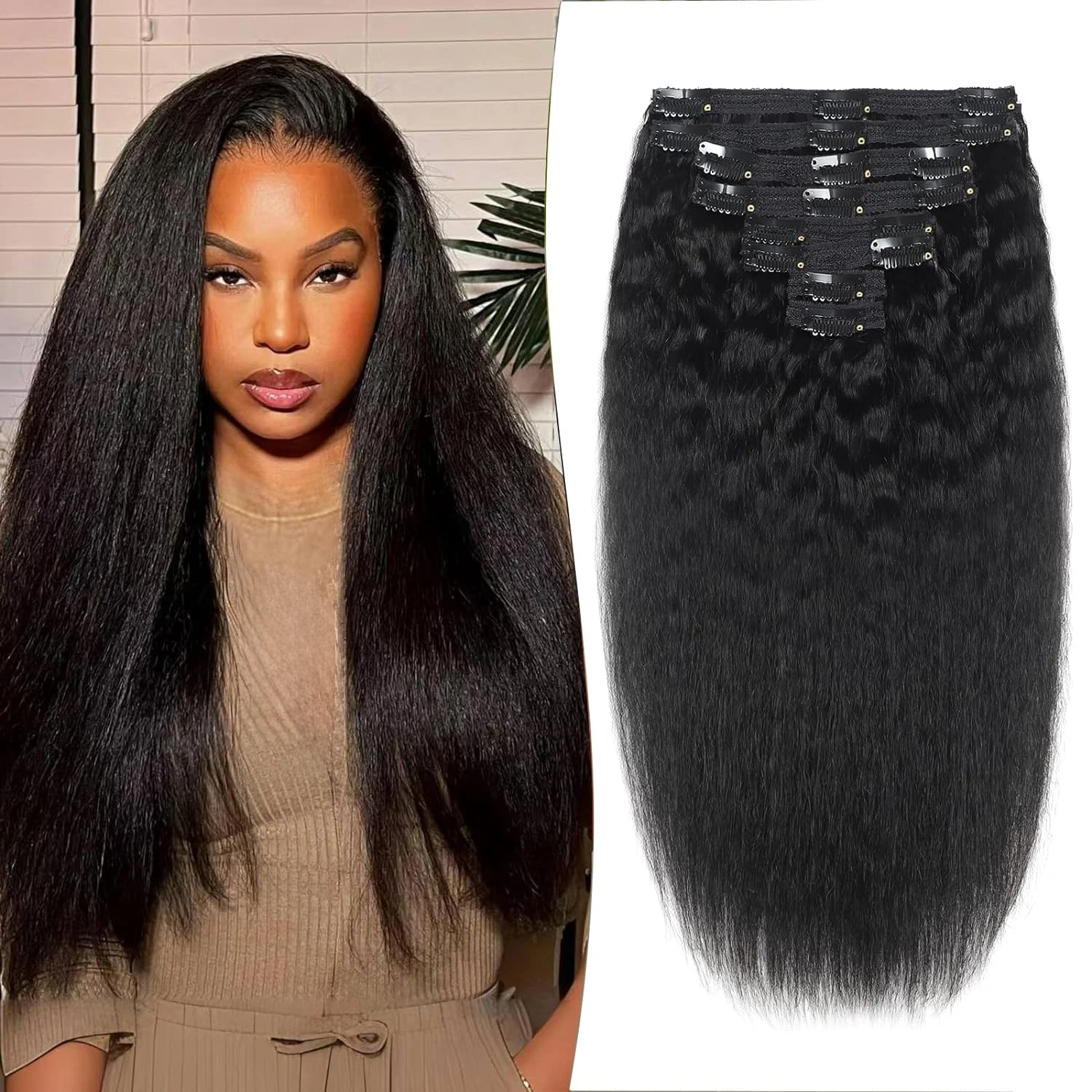 26 Inch Kinky Straight Clip In Hair Extensions 120G/8Pcs Natural Black Yaki Straight Clip Ins Seamless Brazilian 100% Human Hair