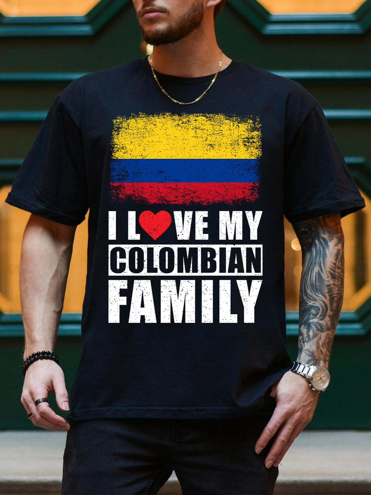Męska koszulka z grafiką Love My Colombian Family, czarna koszulka codzienna z czystej bawełny, lekka koszulka z okrągłym dekoltem