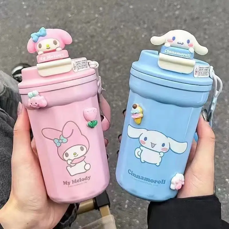 

480ml 304 Stainless Steel Water Bottle Hello Kitty Thermos Cute Kuromi Kawaii With Straw Sippy Student Water Cup Insulated Mug