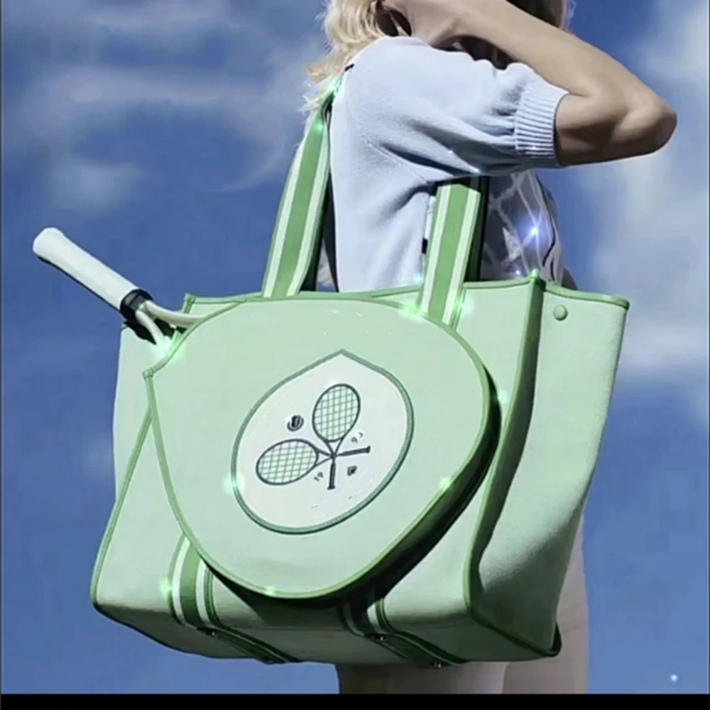 Women's Green Color Blocked Tennis Bag Sports Tote Bag College Students Large Capacity Handbag Canvas Shoulder Bag Female