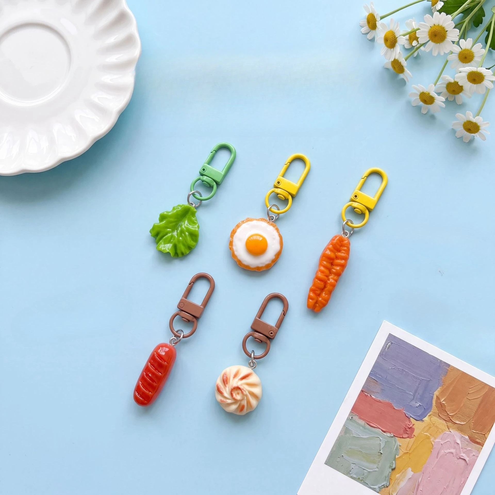 5Pcs Breakfast Fried Egg Vegetable Keychains Funny Cute Bag Pendants For Student Backpack Pencil Case Charms Jewelry Accessories