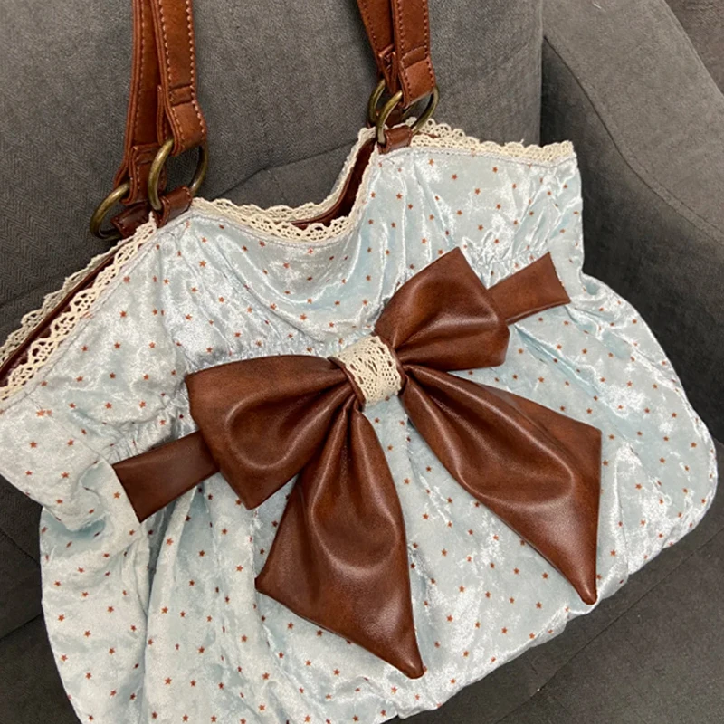 Große Umhängetasche mit Schleife und Polka-Dot-Muster, Samt-Textur, koreanische Damen-Umhängetasche, Y2k Lolita Mädchen Süße Vintage Uniform Tragetasche – Detail 2