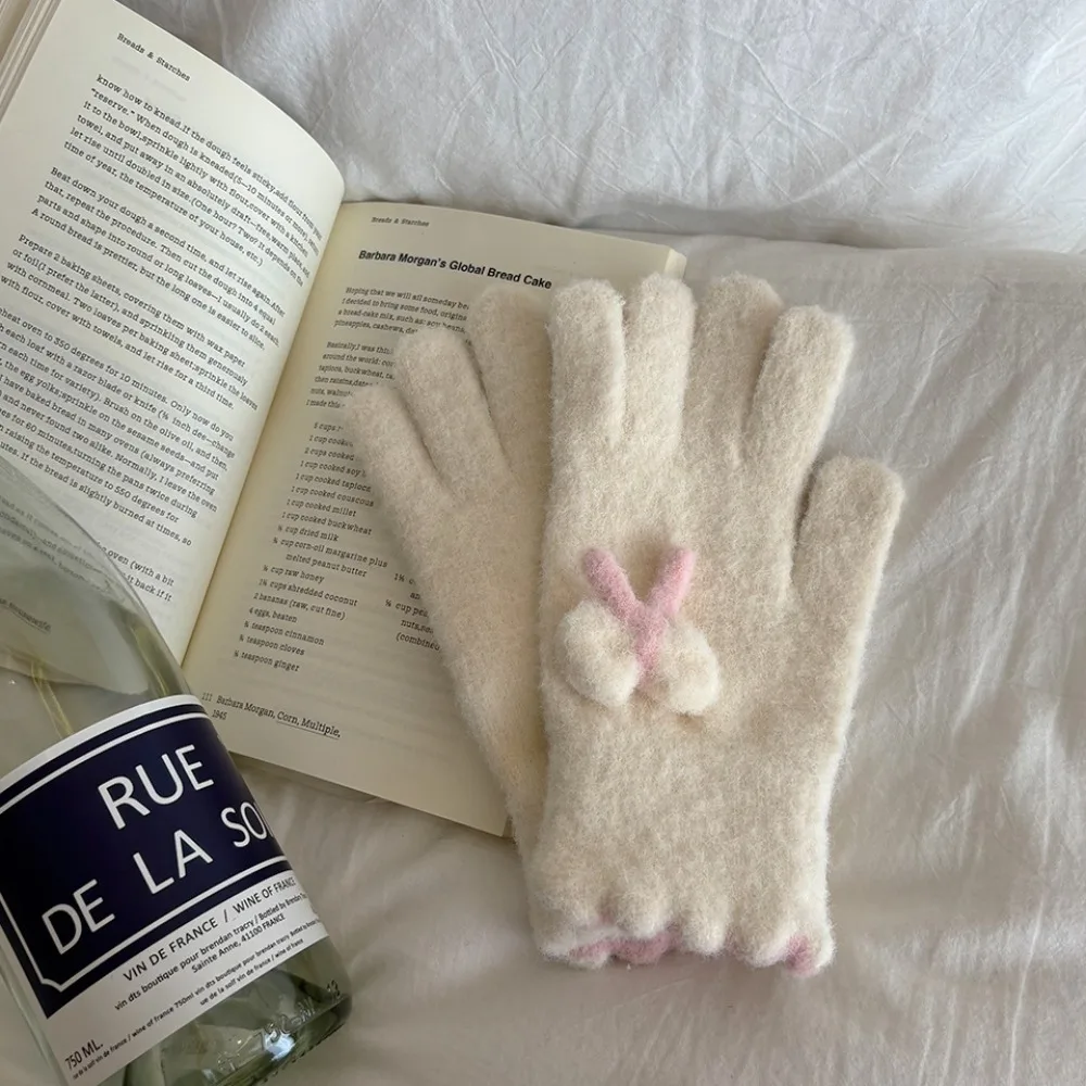 

Милые утолщенные вязаные перчатки, сохраняющие тепло, морозостойкие перчатки с сенсорным экраном, женские перчатки с бантом и пятью пальцами