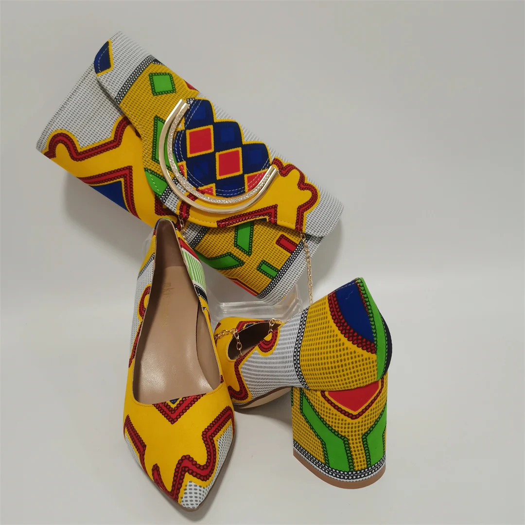 High Quality Stylish African Cotton Wax made Banquet Clutch and Chunky High Heel Shoes Suit for Wedding Ankara Wax Bag Y1031-5