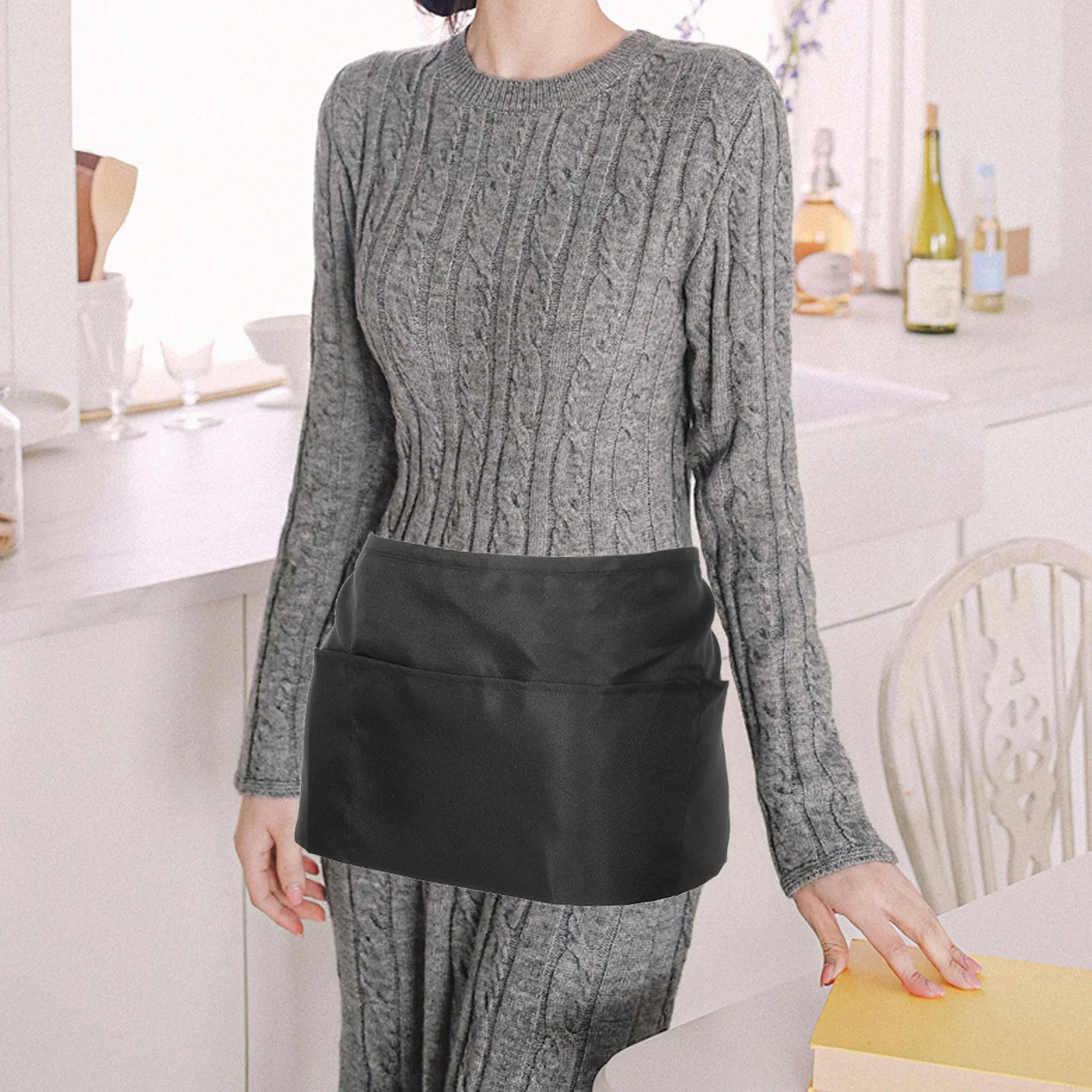 2Pcs Waterproof Server Apron Short Waist Polyester Cooking Kitchen Half Apron Waitress Pockets Half Aprons with Pockets