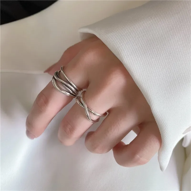 

Normcore Style Silver Color Hollow Out Multilayer Winding Line Rings for Women Ladies Korean Fashion Fine Jewelry Accessories