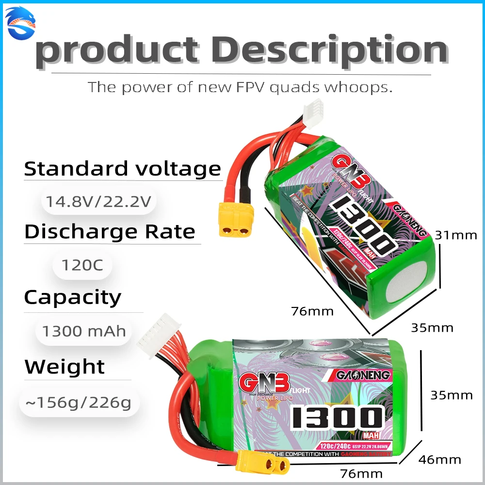 Gaoneng GNB 14.8v/22.2V 1100mAh 1300mAh 4/6S LiHV Lipo Battery 120C XT60 for FPV Racing Drone Mini RC Car Airplane Helicopter