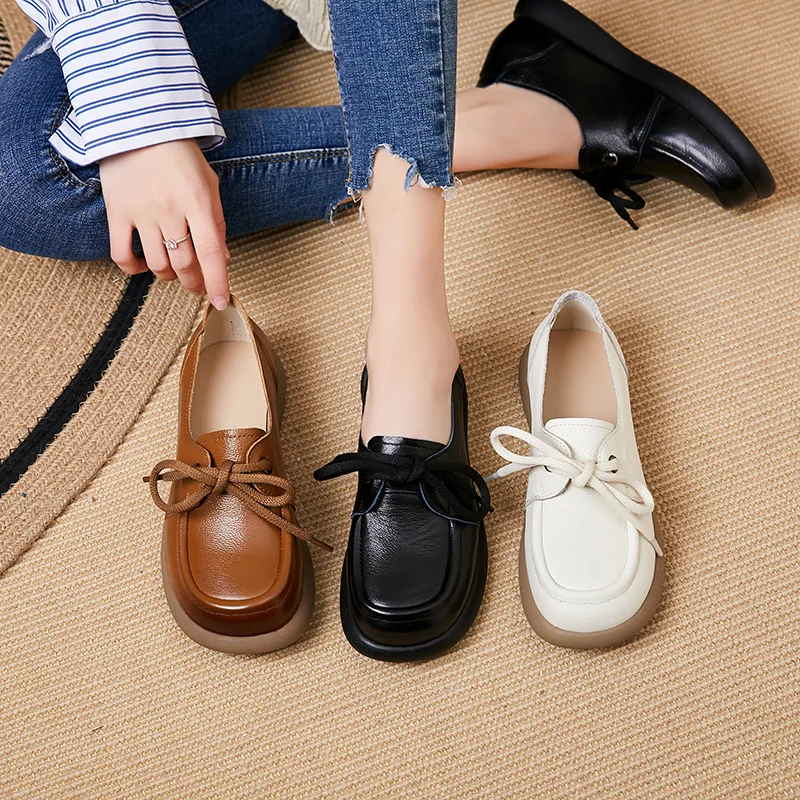 2024 Autumn vintage loafers women head layer cowhide moccasins ladies lace up oxfords shoes casual ballet flats comfort mother s