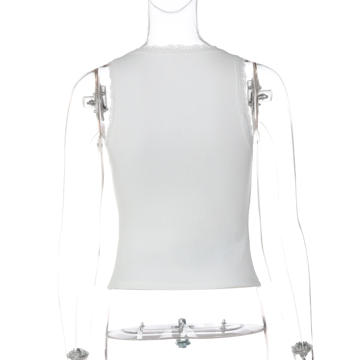 Hugcitar Geripptes Crop-Top mit quadratischem Kragen, Trägern, Patchwork, Spitze und Knöpfen, sexy Crop-Top für den Sommer, Damenmode-Outfit, Streetwear, Yoga, Club – Detail 4
