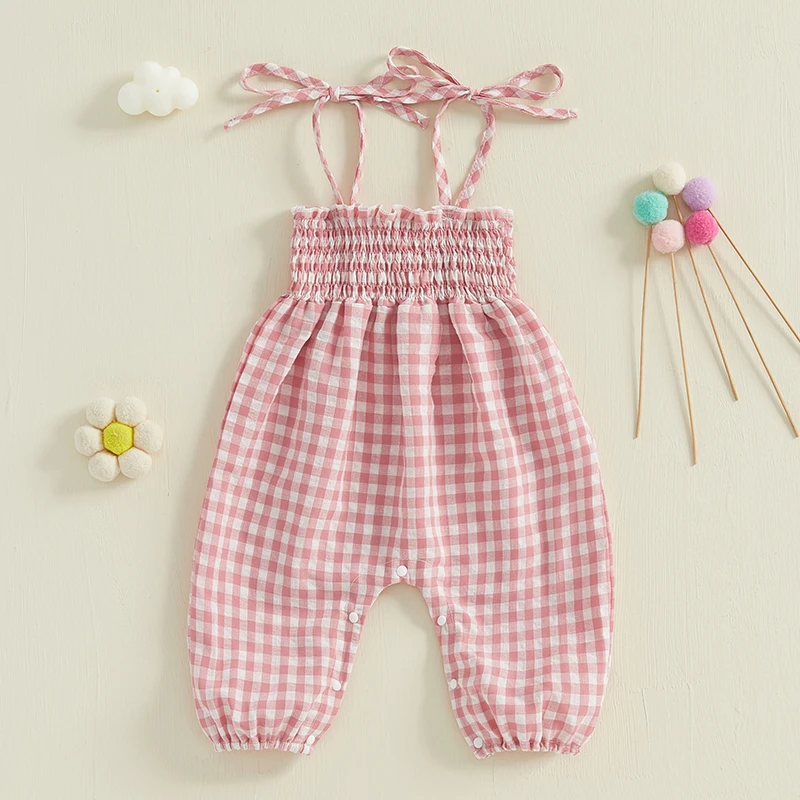 Baby Girl Summer Jumpsuit Sleeveless Tie Strap Smocked Plaid Print Romper harem Pants Toddler Playsuit