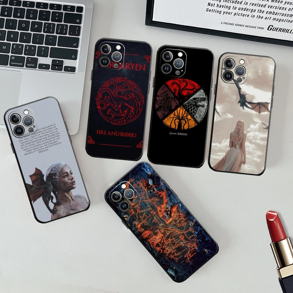 Funda de teléfono de juego daenerys t-throness para iPhone, 15, 14, 13, 12, 11, X, XR, XS, XSMAX, 8, 7 Plus, Mini Pro Max, negro suave