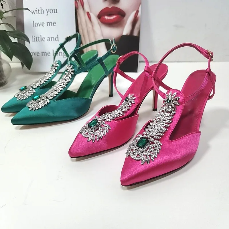 

Solid Color Pointed Toe Satin High Heels Back Hollow Low-Top PU Frosted Sandals Women Rhinestone Stiletto Shoes Sandalias Mujer