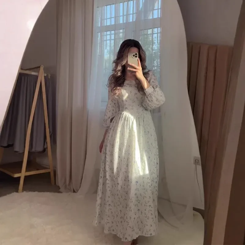 2025 New Floral Fairy Waist Square Neck Lace-up Long Dress Robe S9219