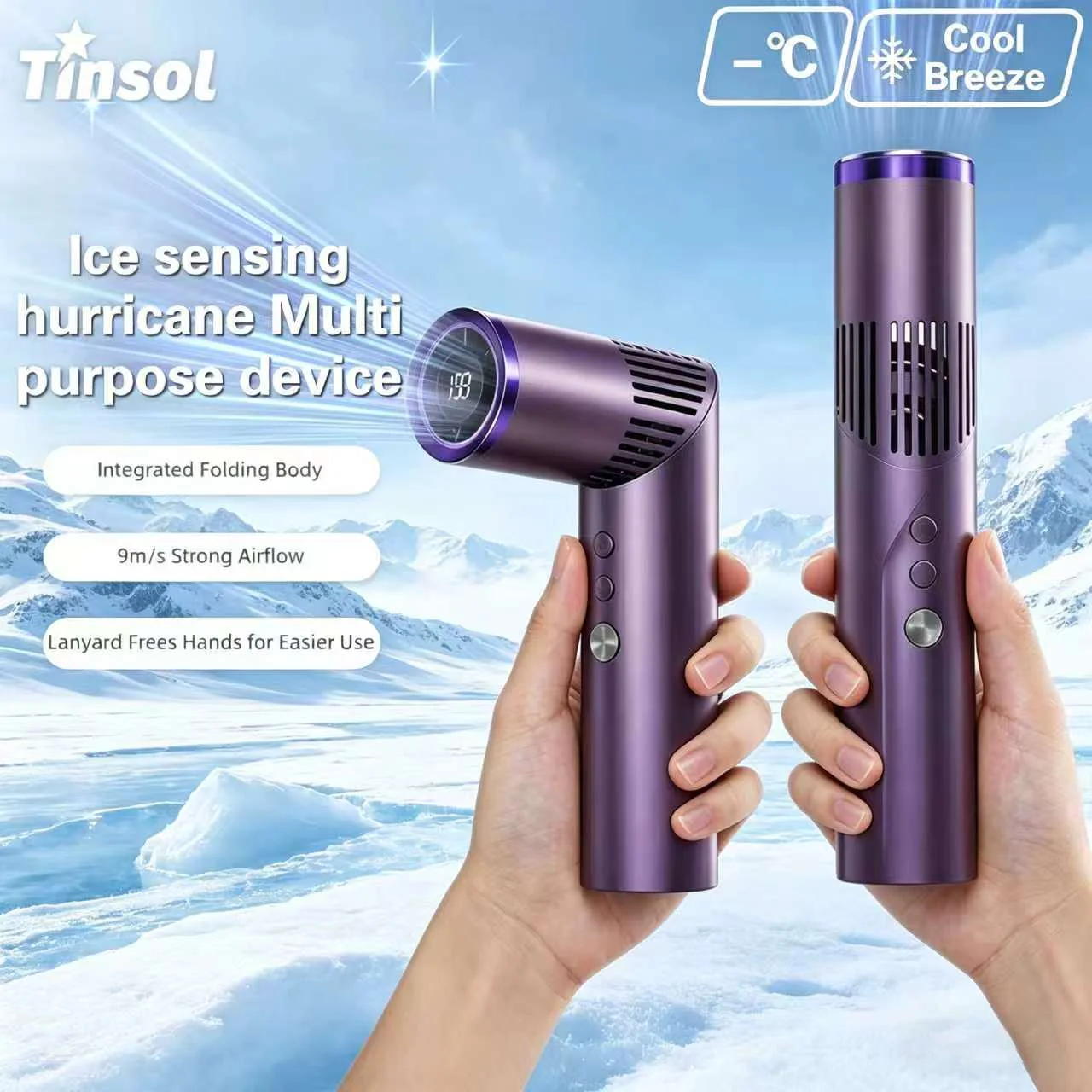 TINSOL 2026 New Lipstick Mini Handheld Fan, Portable Foldable Neck-Hanging Fan with Digital Display and Lighting Function