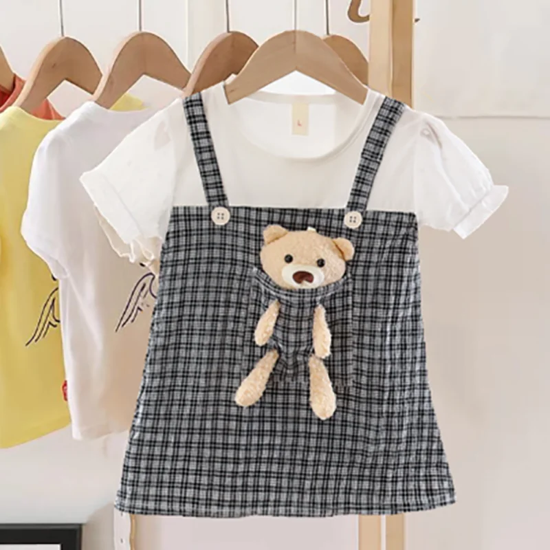 0-4Y Baby Girl Dress With Bear Pocket Elegant Princess Dress Plaid Toddler Outfit Short Sleeve Children Clothing vestidos A1160