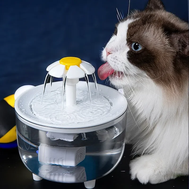 Fontaine à eau automatique pour animaux de compagnie, distributeur d'eau muet, pétale transparent, filtre à eau, coupure de courant, utilisation pour chat et chien, 1,2 L