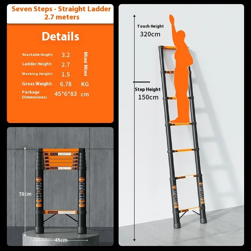 Thick carbon steel telescopic straight ladder, household maintenance climbing ladder, height adjustable straight ladder view 5