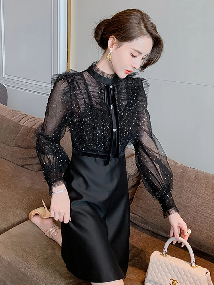 แฟชั่นElegantชุดผู้หญิงRetroหวานเซ็กซี่น่ารักSheerตาข่ายเดี่ยวBreastedชุดสั้นหญิงParty Streetวันที่Vestido