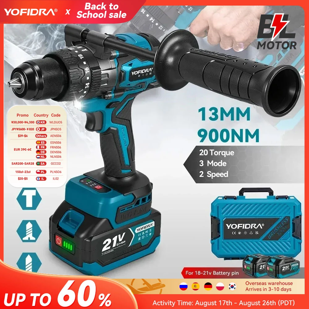 YOFIDRA 900N.M 3200RPM Bürstenlosen Elektrischen Schlagbohrmaschine 13mm Hammer Bohrer Akkuschrauber Werkzeug Für Makita 18V Batterie pin
