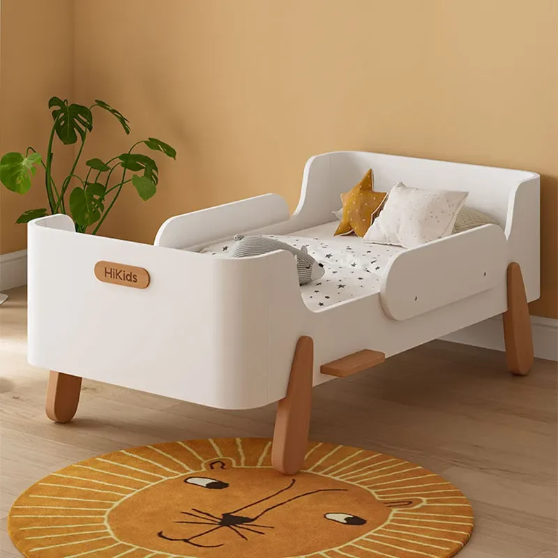 for Solid Wood Boat Children Bed Guardrail Crib Splicing Large Bed Single Boys Girls Cream White Cute Small