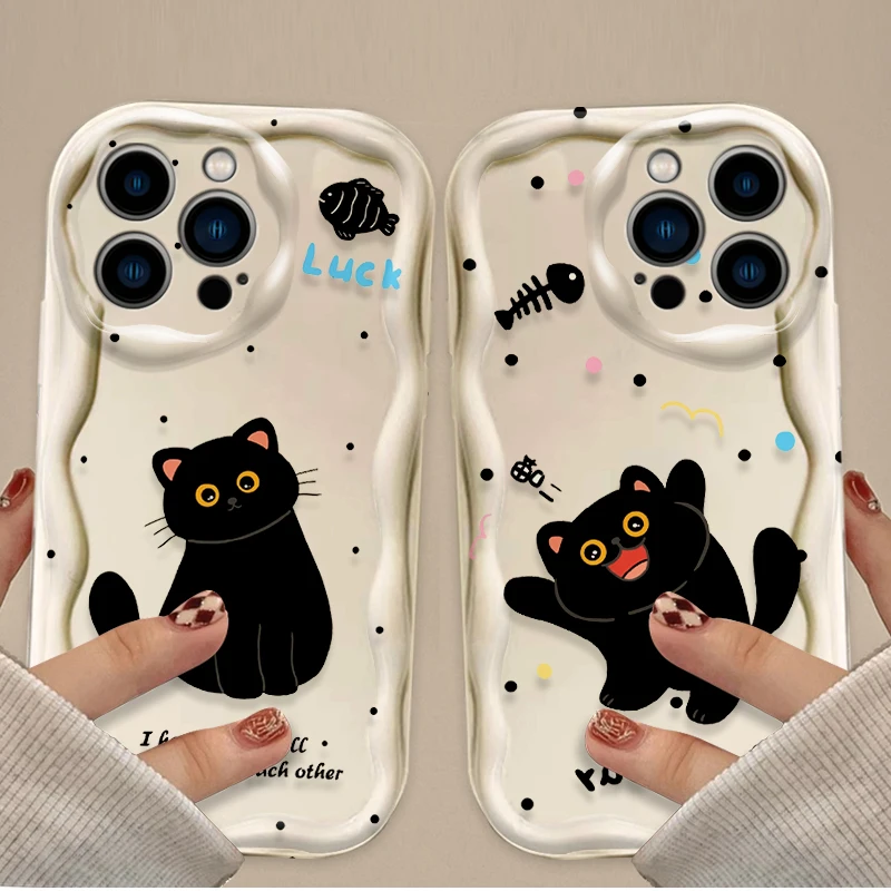 Creative Black Cat Cartoon Wavy Phone Case for IPhone 17 16 15 14 13 12 11 Pro Max Plus 17Air 16E XR XS X 7 8 Shockproof Cover