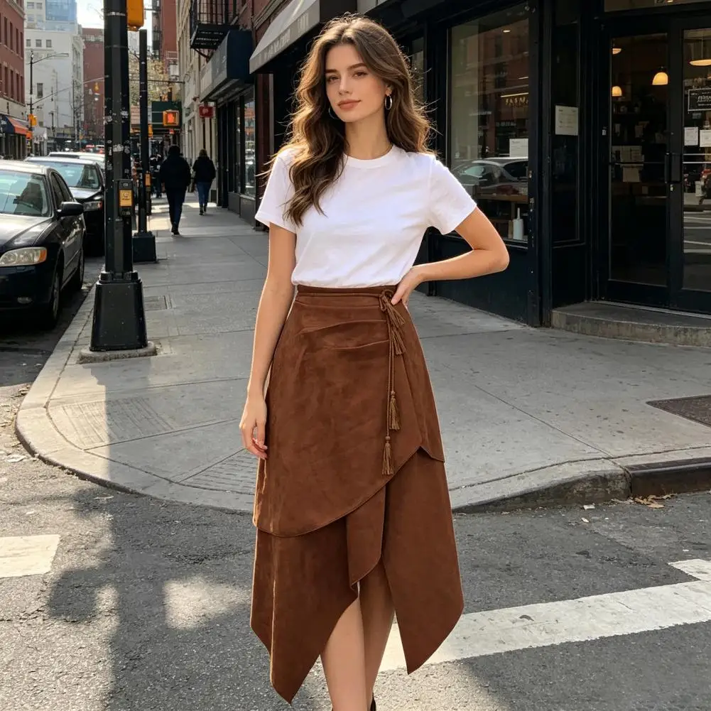 Autumn Winter Suede Skirt, High Waist Irregular Large Hem Skirt, Pure Color Slimming Skirt for Beach Travel Parties Work Leisure