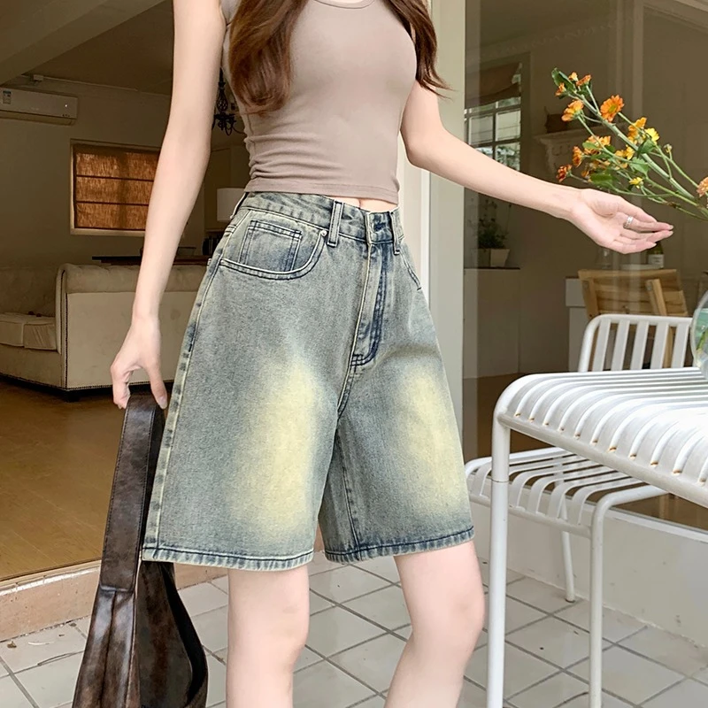 2024 Spring New Denim Shorts Women Straight Leg High Waist Solid Color American Retro Casual Versatile Short Pants Female