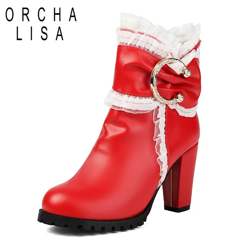 

ORCHA LISA 2025 Sweet Female Ankle Boots Round Toe Chunky Heels 8.5cm Zipper Bowknot Plus Size 45 46 47 48 Dating Fashion Bota
