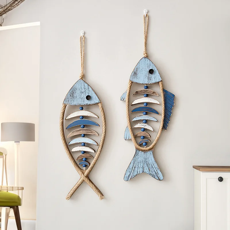 Mediterranean Wood Fish Pendant Hanging Wall Decoration Vintage Living Room Ocean Beach Theme Restaurant Bar Wall Decor